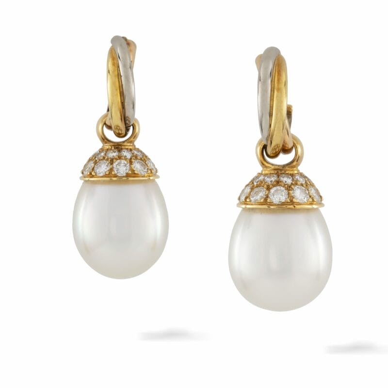 A Pair Of Cartier Trinity Drop Pearl And Diamond Earrings
