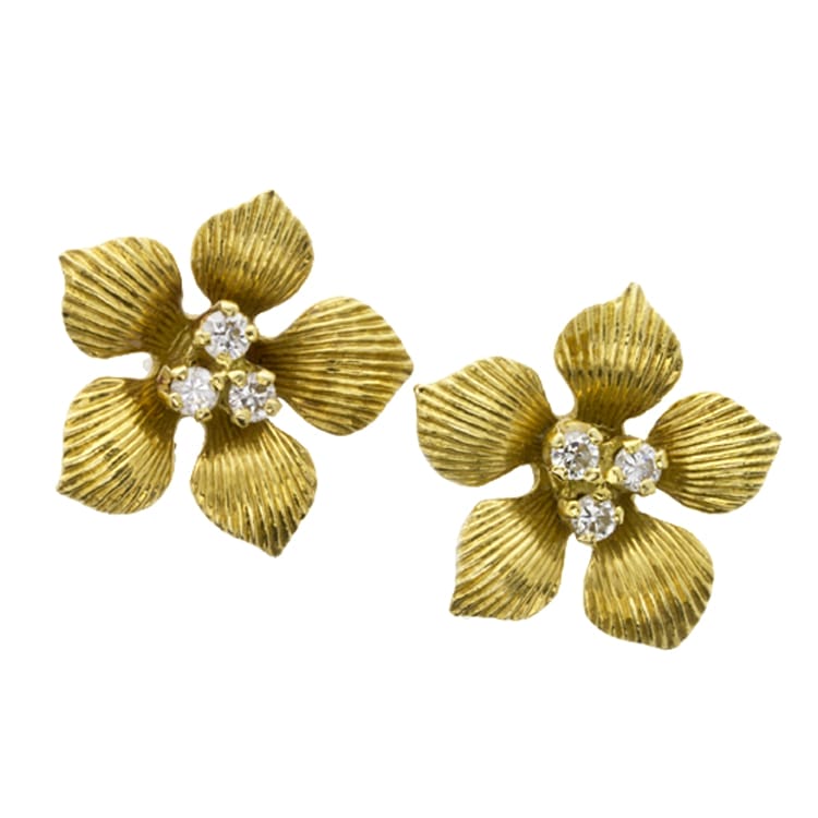 A Yellow Gold And Diamond Flower Stud Earrings