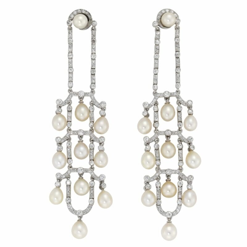 A Pair Of Edwardian Pearl And Diamond Chandelier Earrings