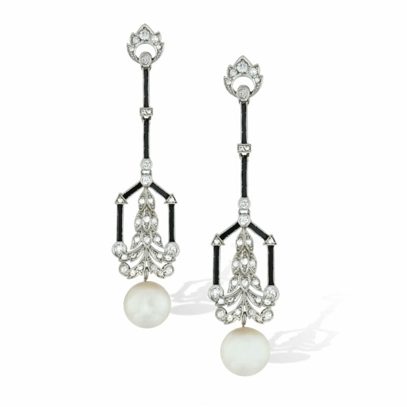A Pair Of French Art-deco Natral Pearl And Diamond Earrings