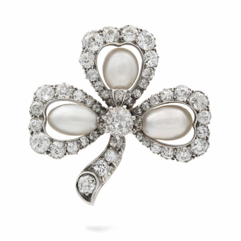 A Victorian Natural Pearl And Diamond Clover Leaf Brooch