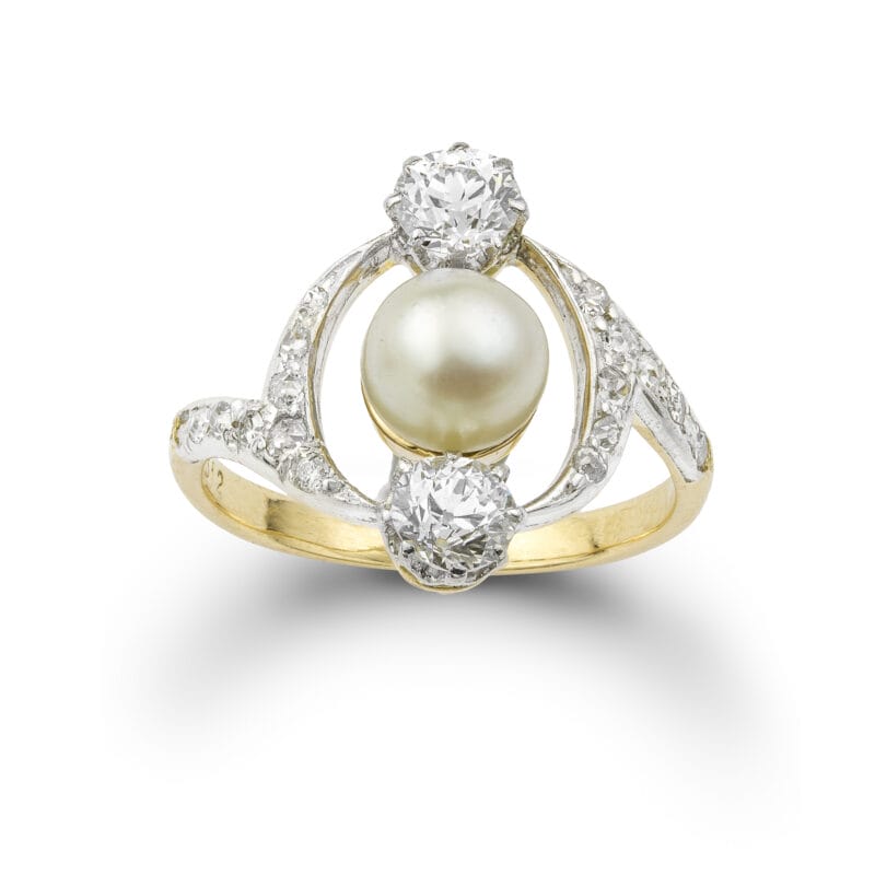 A French Art Nouveau Natural Pearl And Diamond Ring