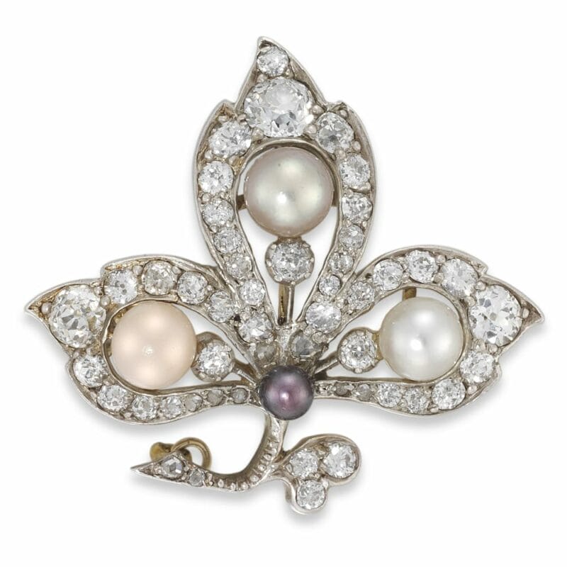 A Victorian Four Colour Pearl And Diamond Clover Leaf Brooch