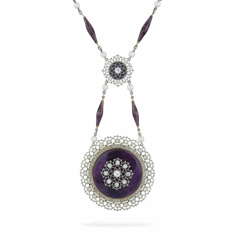 A Belle Époque Purple Enamel, Diamond And Pearl Necklace