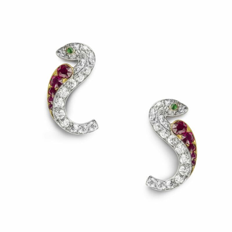 A Pair Of Victorian Ruby And Diamond Serpent Earrings