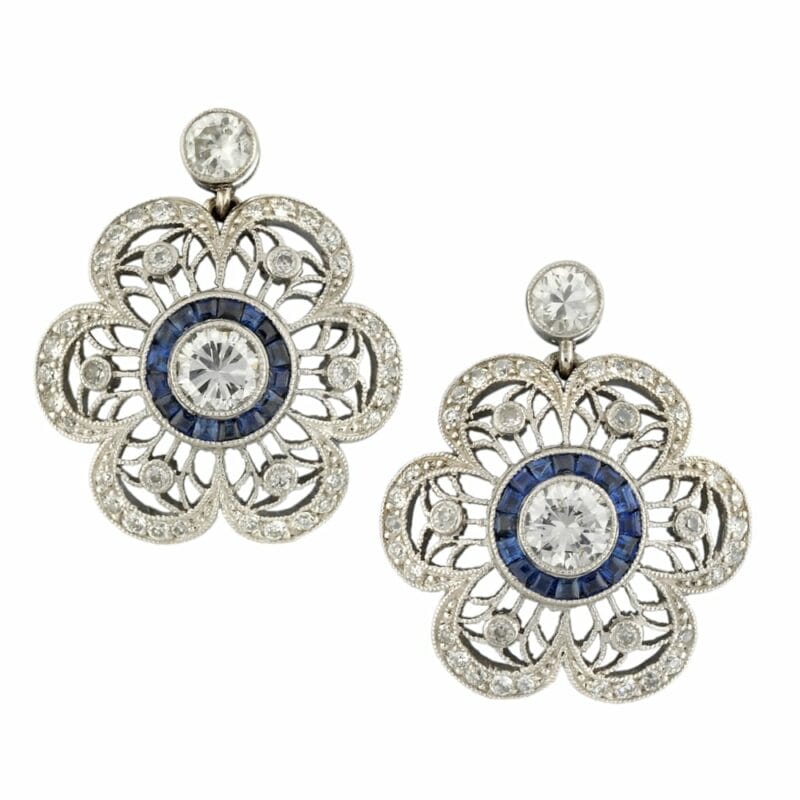 A Pair Of Sapphire And Diamond Flower Drop Earrings