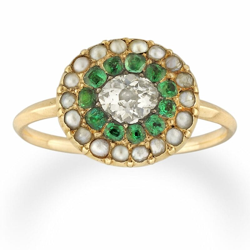 A Georgian Emerald And Diamond Half Pearl Cluster Ring
