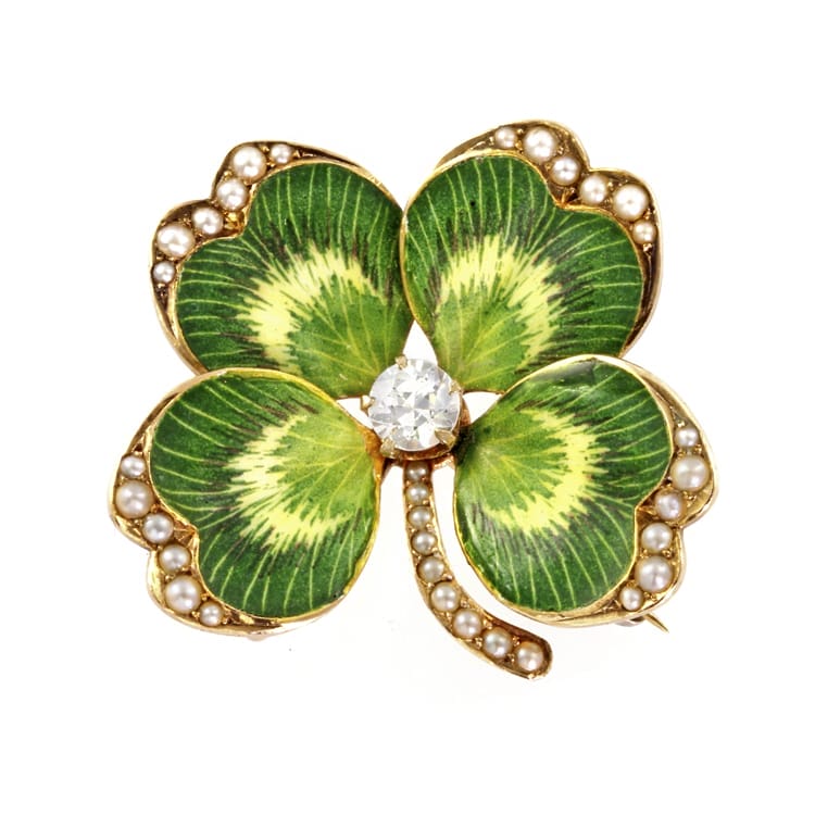 A Green Enamel, Pearl And Diamond Four Leaf Clover Brooch