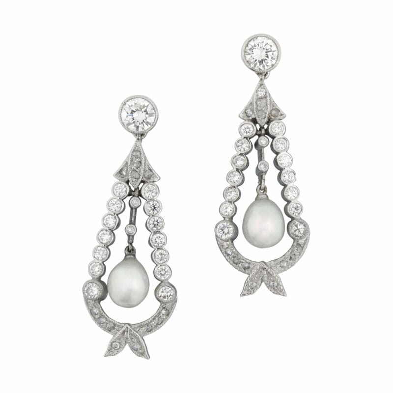 A Pair Natural Pearl And Diamond Drop Earrings