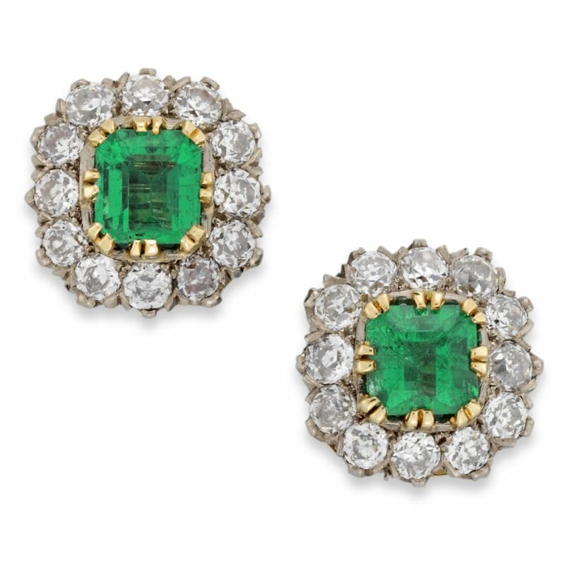 A Pair Of Emerald And Diamond Cluster Earrings