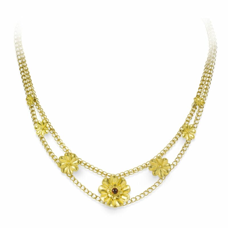 A Gold And Garnet Rosette Double Chain Necklace By Akelo