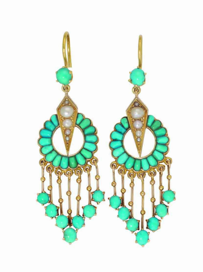 A Pair Of Victorian Turquoise And Pearl Drop Earrings
