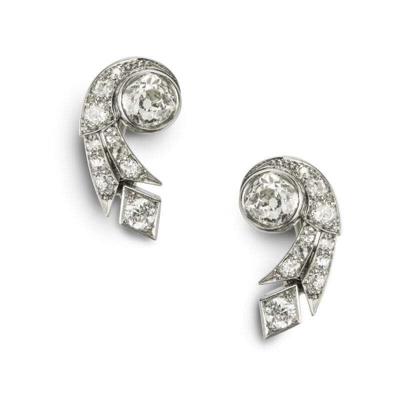 A Pair Of Old Brilliant-cut Diamond Scroll Earrings