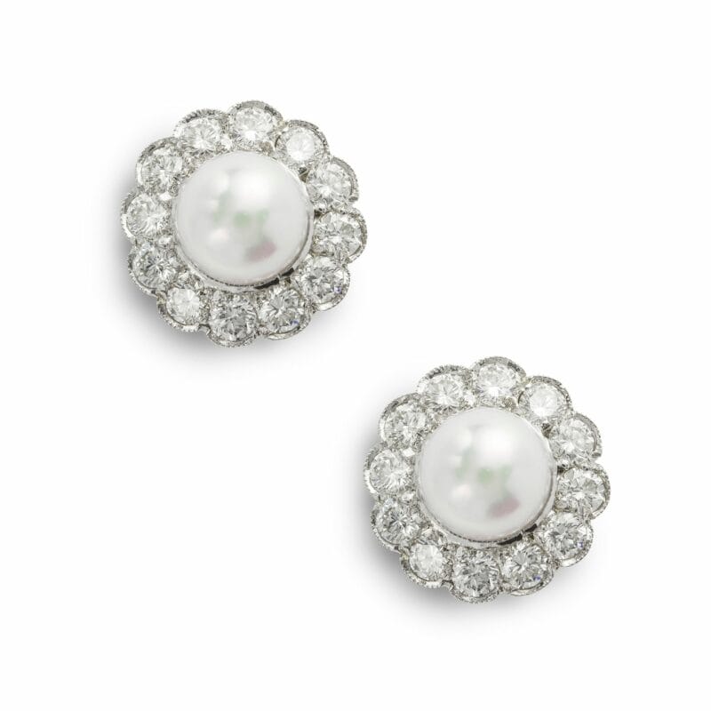 A Pearl And Diamond Cluster Stud Earrings