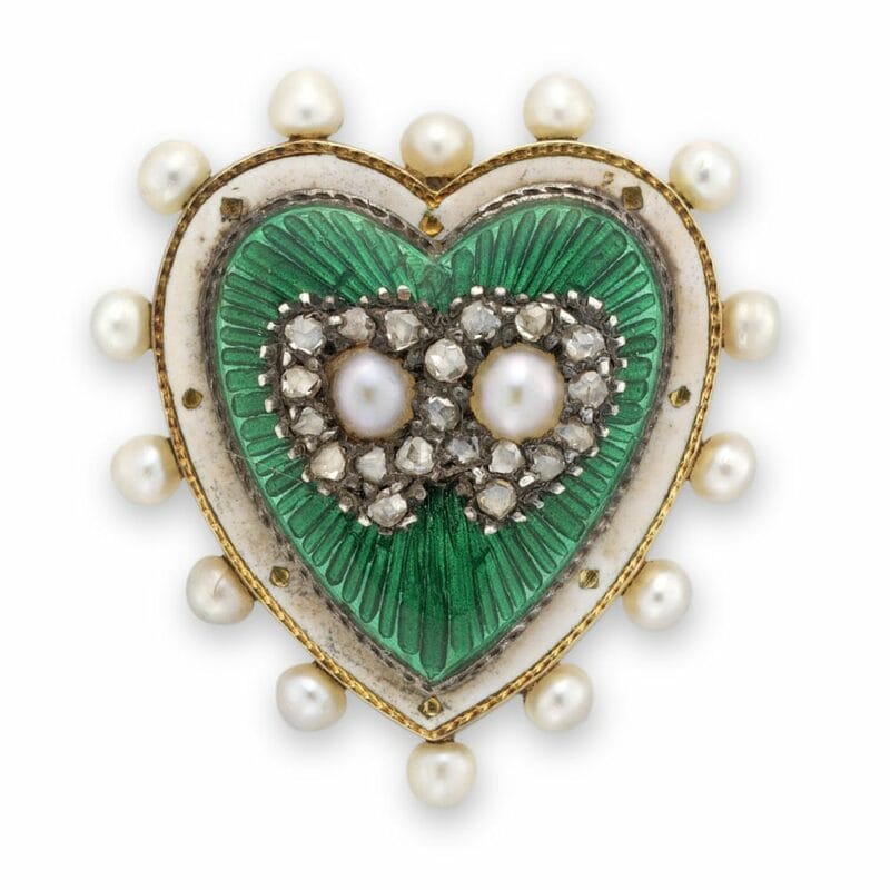 A Victorian Green Enamel, Pearl And Diamond Heart Pendant