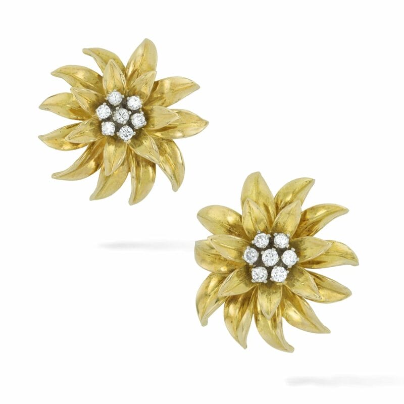 A Pair Of Tiffany & Co Gold Chrysanthemum Earrings