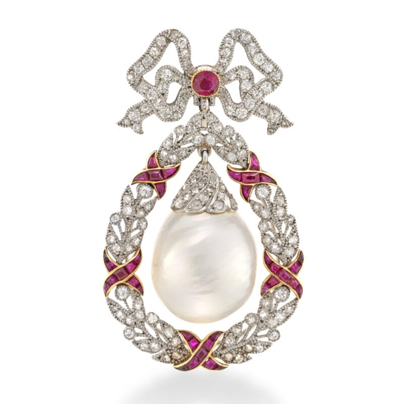 A Belle Epoque natural pearl, ruby & diamond brooch/pendant