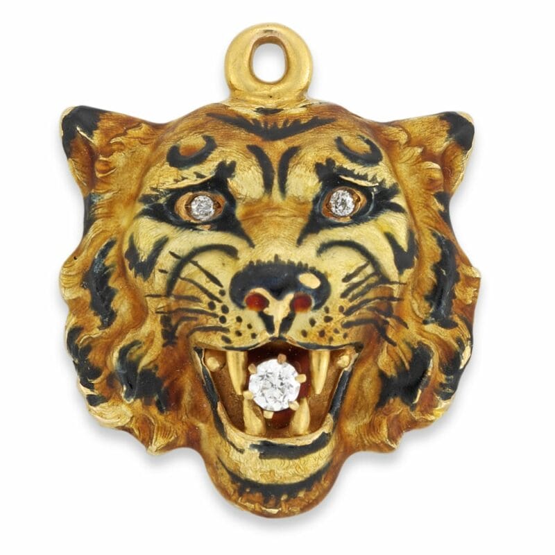An American Art Nouveau Enamel Tiger Head Pendant