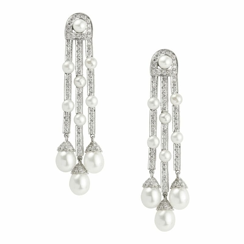 A Pair Of Diamond And Cultured Pearl Drop Earrings