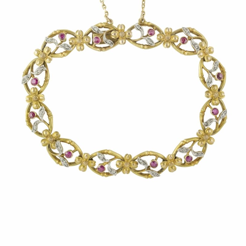 A Ruby And Diamond Floral Bracelet