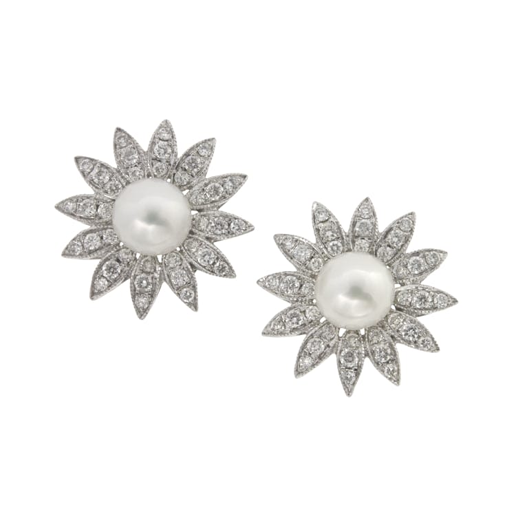 A Pair Of Pearl And Diamond Floral Cluster Earrings