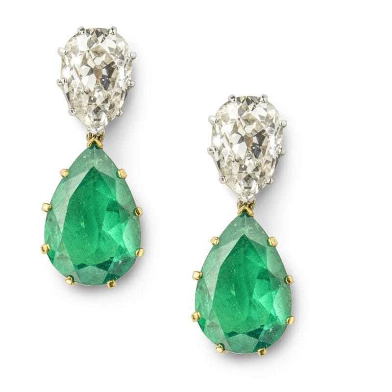 A Pair Of Vintage Diamond And Emerald Drop Earrings