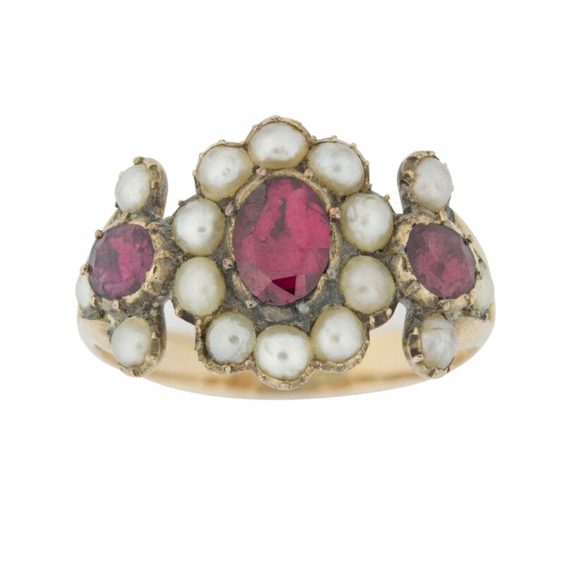 A Georgian Garnet And Pearl Oval Cluster Ring
