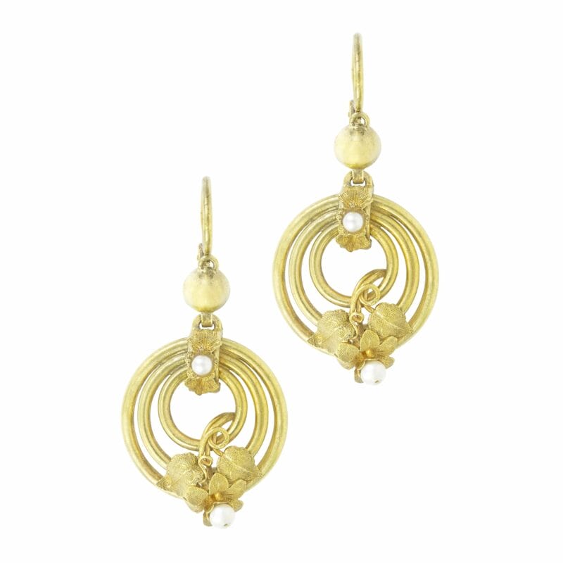 A Pair Of Gold Triple Hoop Pendant Earrings
