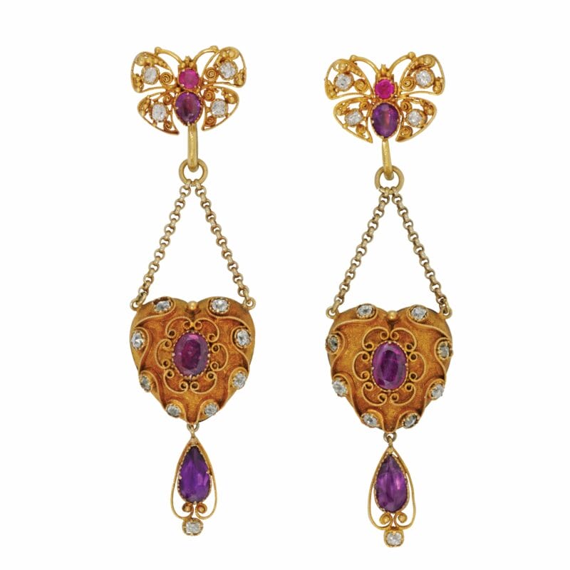 A Pair Of Gold And Ruby Heart And Butterfly Earrings
