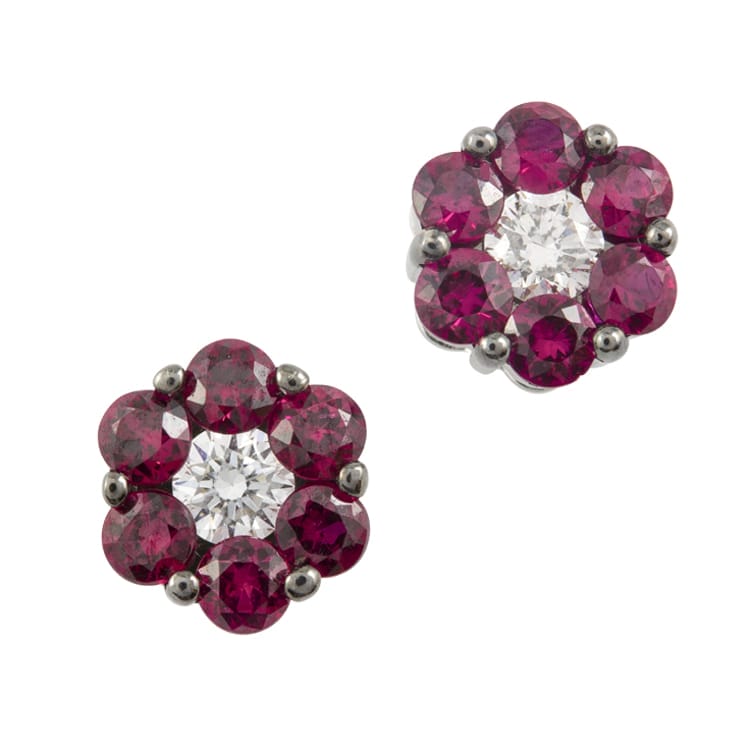 A Pair Of Ruby And Diamond Cluster Stud Earrings