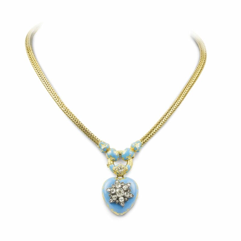 A Victorian Diamond-set Blue Enamel Heart Locket Necklace