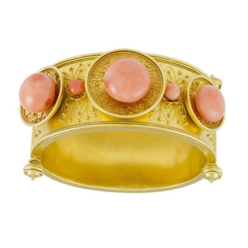 A Victorian Etruscan Revival Gold And Coral Bangle