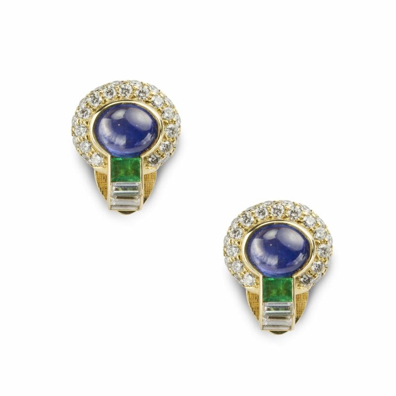 A Sapphire, Emerald And Diamond Clip Earrings
