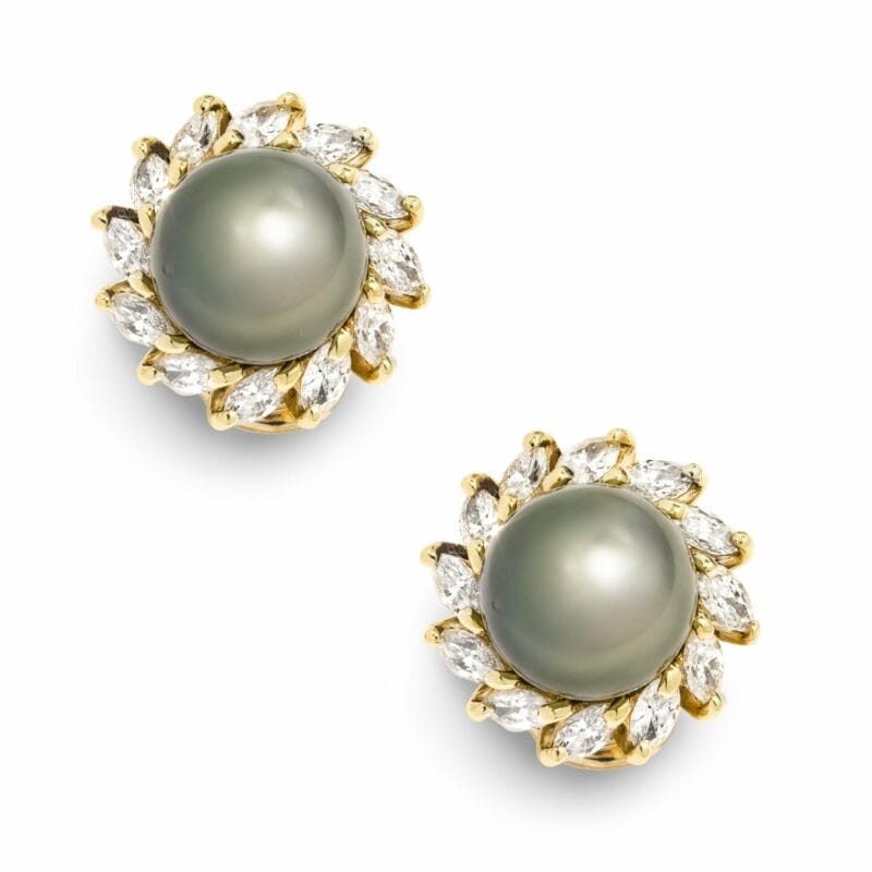 A Pair Of Tahitian Cultured Pearl And Diamond Earrings