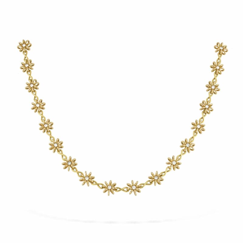 A Yellow Gold Necklace With Diamond Set Flowers