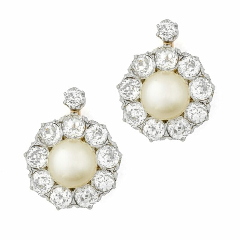 A Natural Pearl And Diamond Cluster Earrings