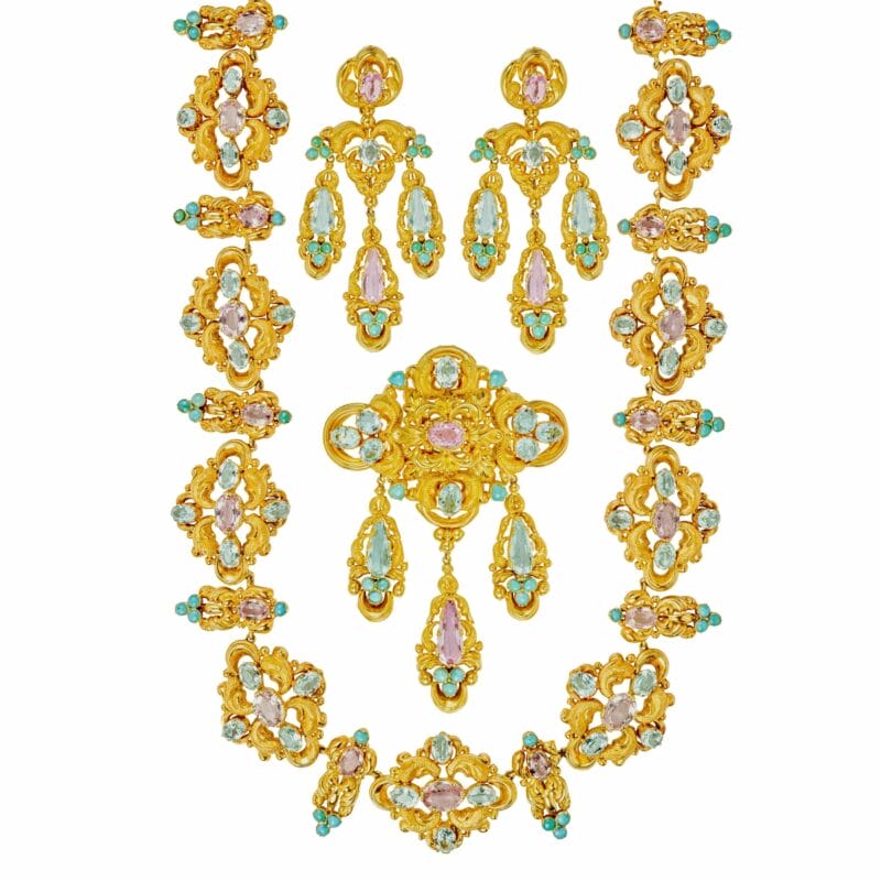 A Late Georgian Gold Aquamarine, Topaz And Turquoise Suite