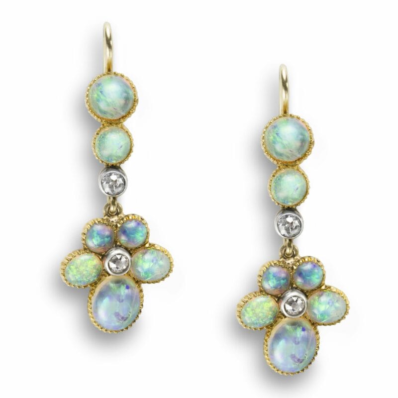 A Pair Of Opal And Diamond Cluster Drop Earrings