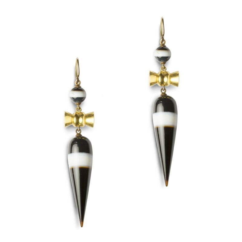 A Pair Of Victorian Banded Agate And Yellow Gold Earrings