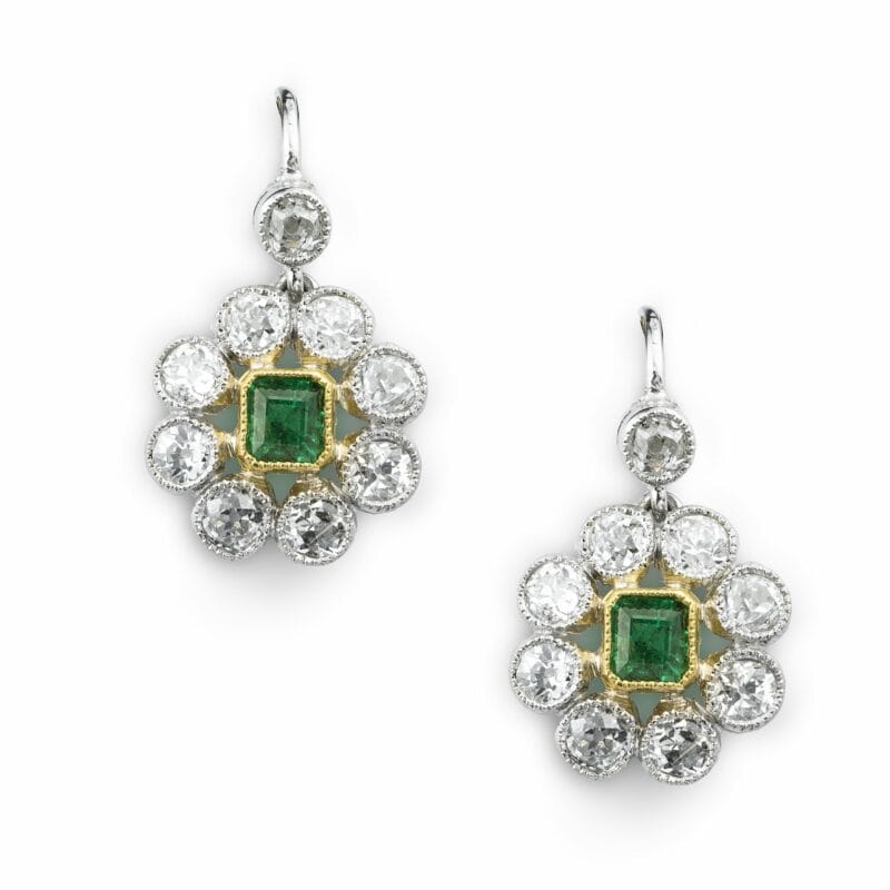 A Pair Of Diamond And Emerald Cluster Drop Earrings