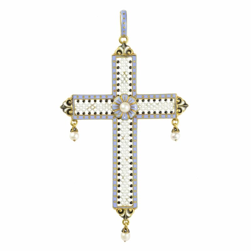 A Carlo Giuliano Lilac Enamel And Pearl Cross Pendant