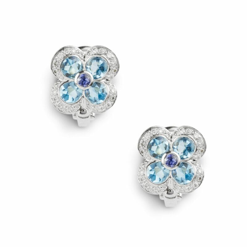 An Aquamarine, Diamond And Sapphire Flower Earrings