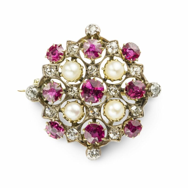 A Victorian Ruby, Diamond And Pearl Brooch