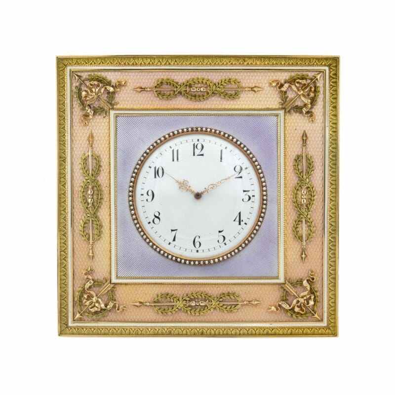 A Fabergé Gold-mounted Guilloche Enamel Desk Clock
