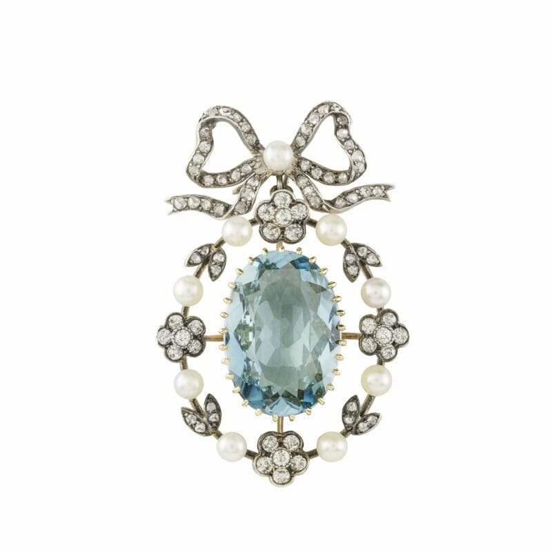 A Late Victorian Aquamarine, Diamond And Pearl Pendant
