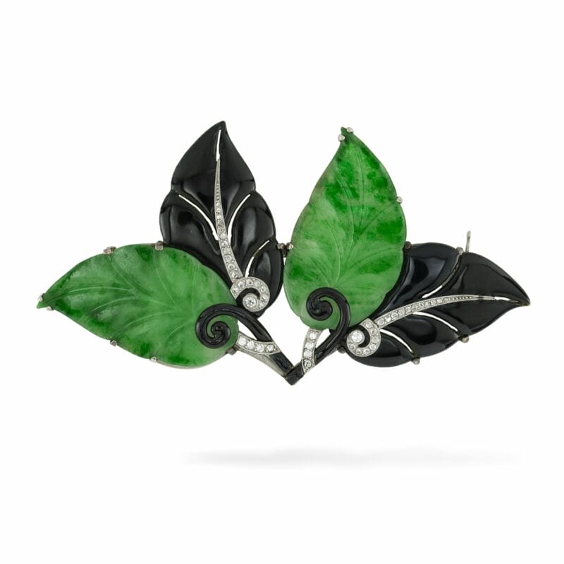 An Art Deco Jadeite And Black Enamel Leaf Brooch