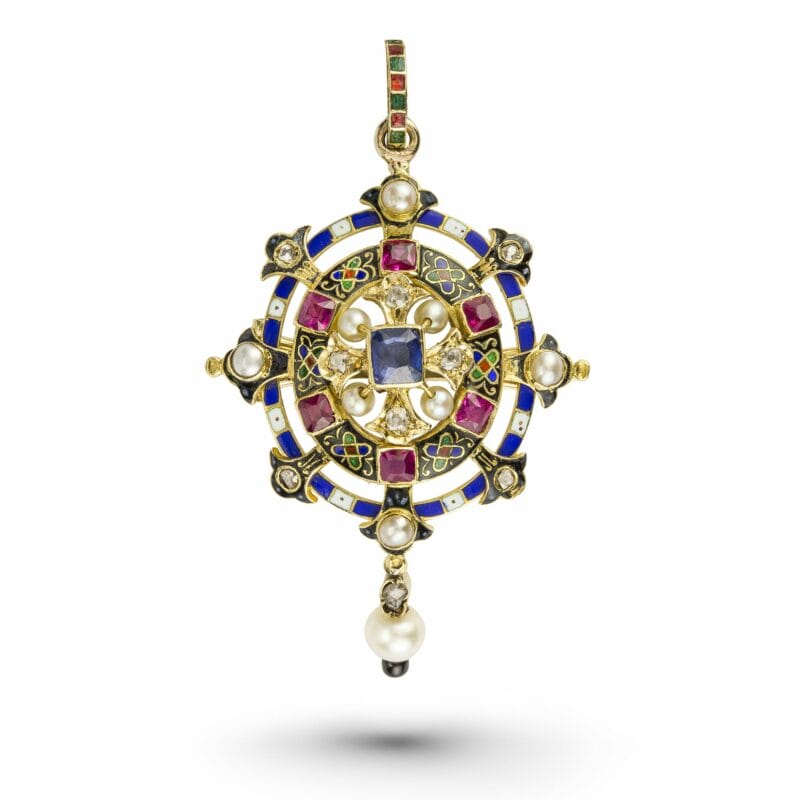 A Victorian Sapphire, Ruby And Pearl Holbeinesque Pendant