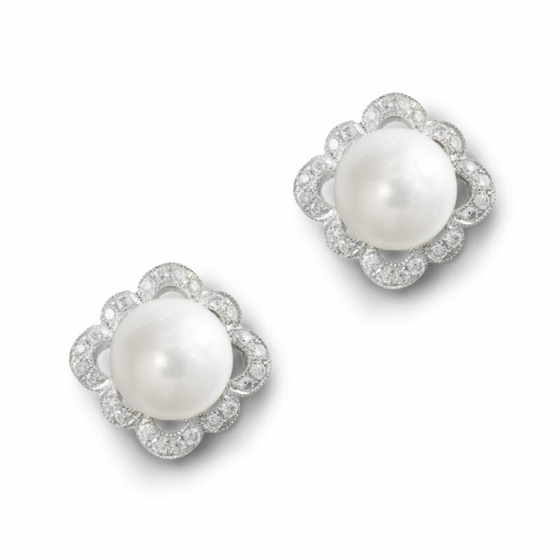 A Pair Of Pearl And Diamond  Cluster Earrings