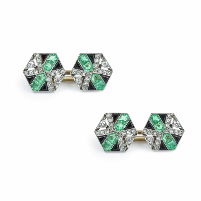 A Pair Of Art Deco Emerald, Diamond And Onyx Set Cufflinks