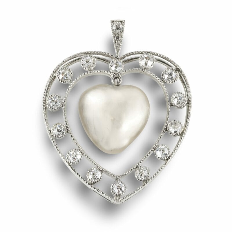 A Rare Natural Heart-shaped Pearl And Diamond Pendant